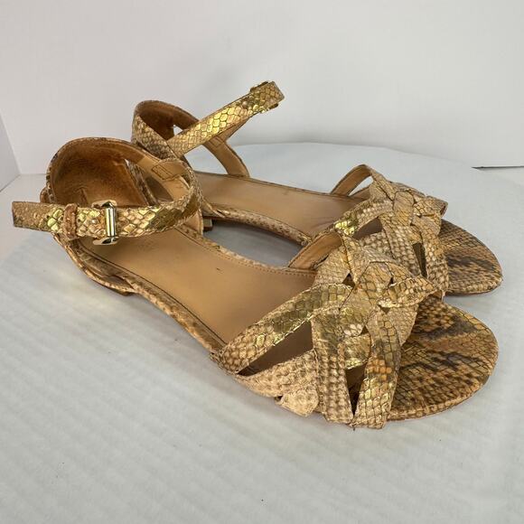 Michael Kors Annalise Beige Gold Leather Snake Print Sandals Sz 8 Coastal Glam - Picture 1 of 9